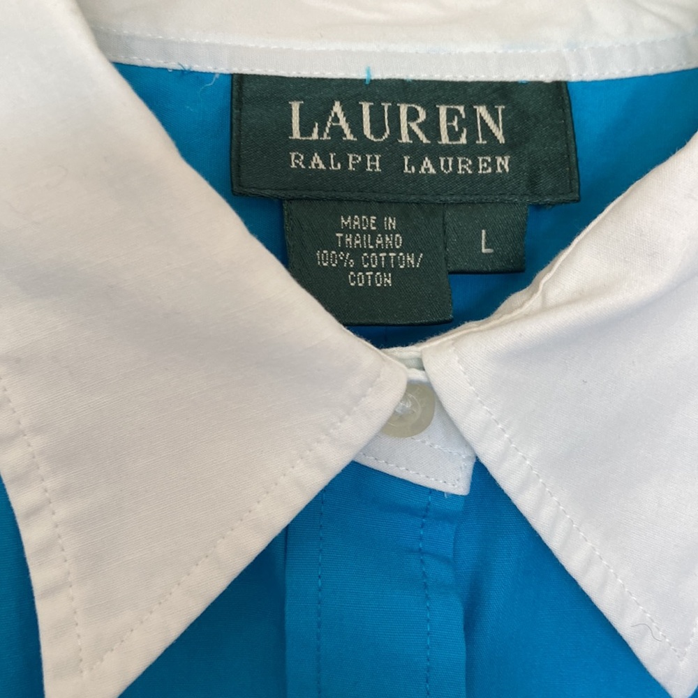 Womens Ralph Lauren VTG Turquoise Button-Down Shirt White Collar & Cuffs Size L - Picture 5 of 14